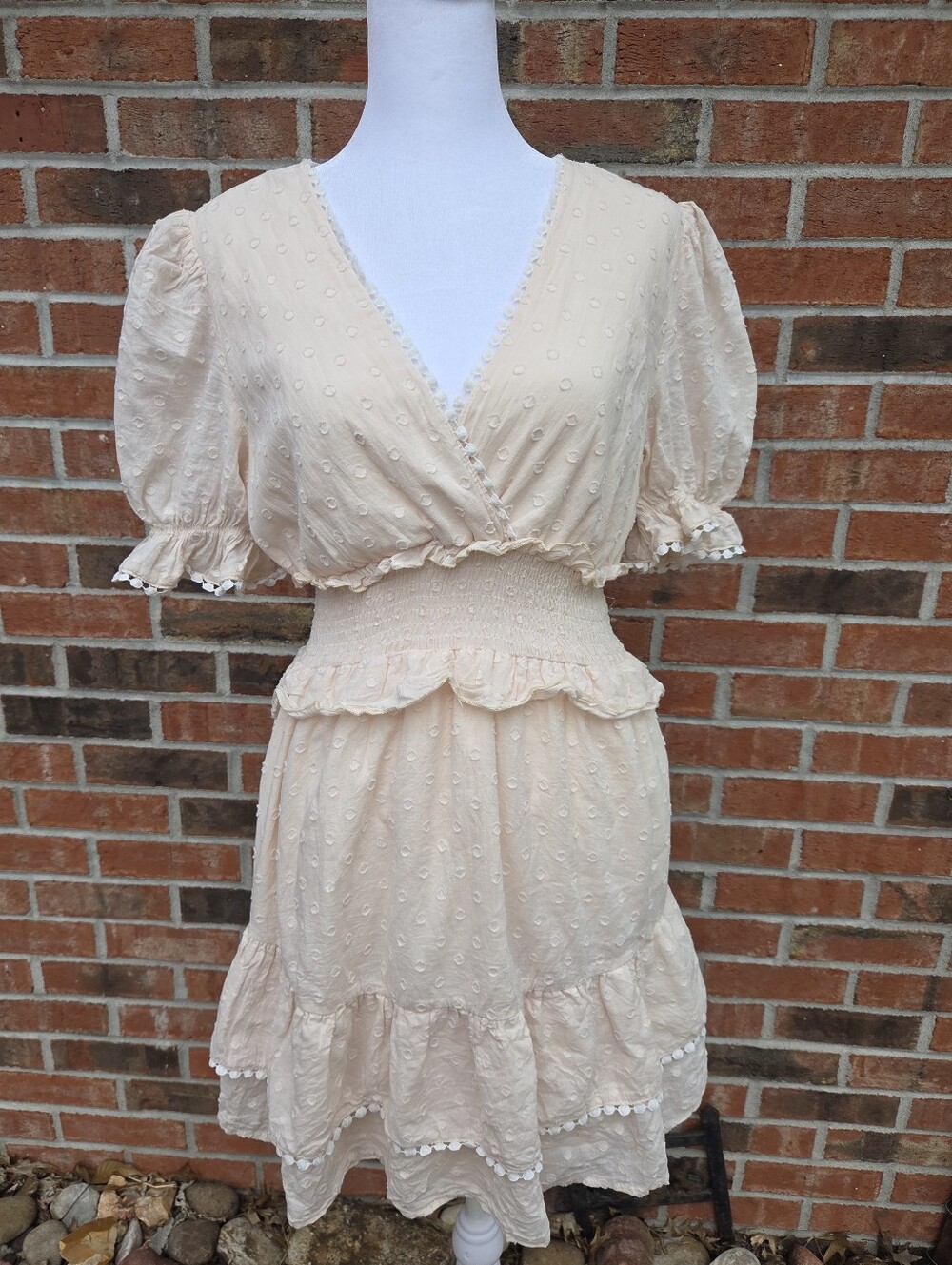 Simplee NWOT Beige Swiss Dot Mini Dress Small Smocked Waist Pom Trim Puff Sleeve